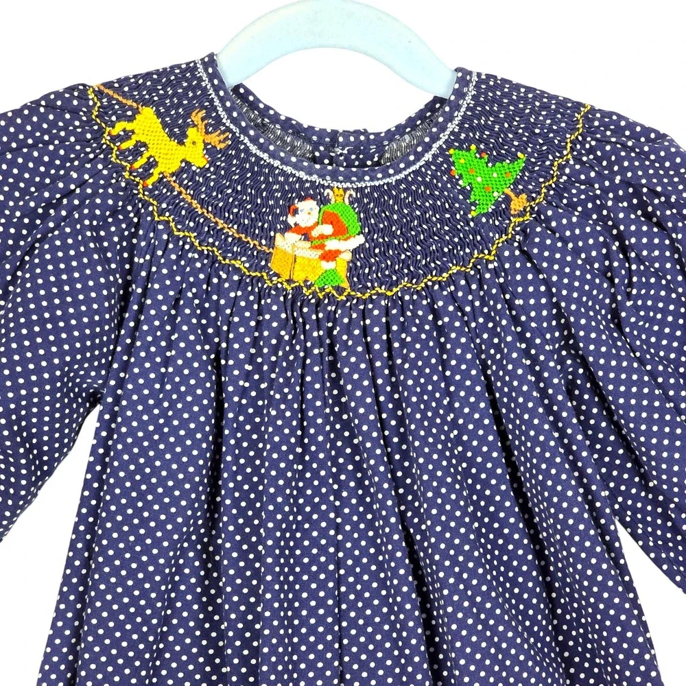 Mom & Me Girls Smocked Christmas‎ Dress Polka Dot Santa Reindeer 18 Mos Boutique